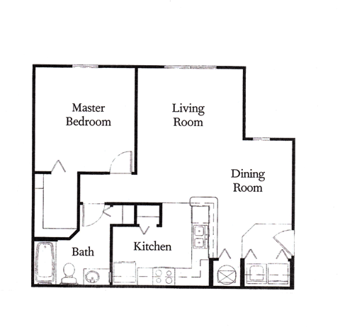 Floor plan for 1 bed, 1 bath, 719 sqft